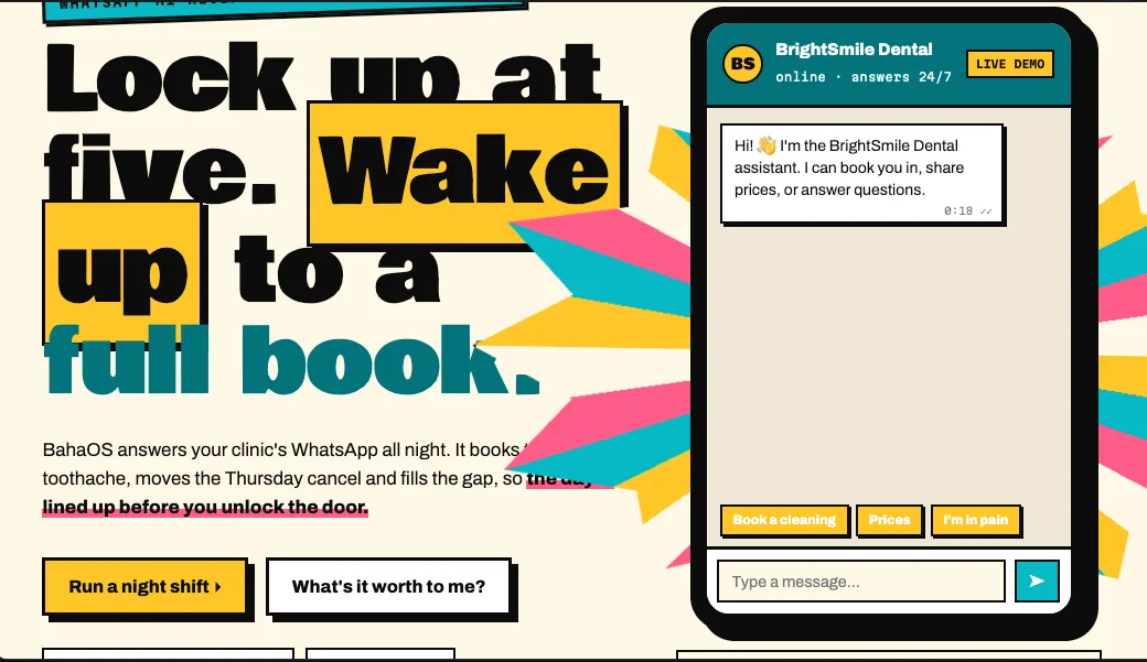 BahaOS WhatsApp AI receptionist demo: a BrightSmile Dental chat assistant offering to book a cleaning, share prices or help with tooth pain, answering 24/7